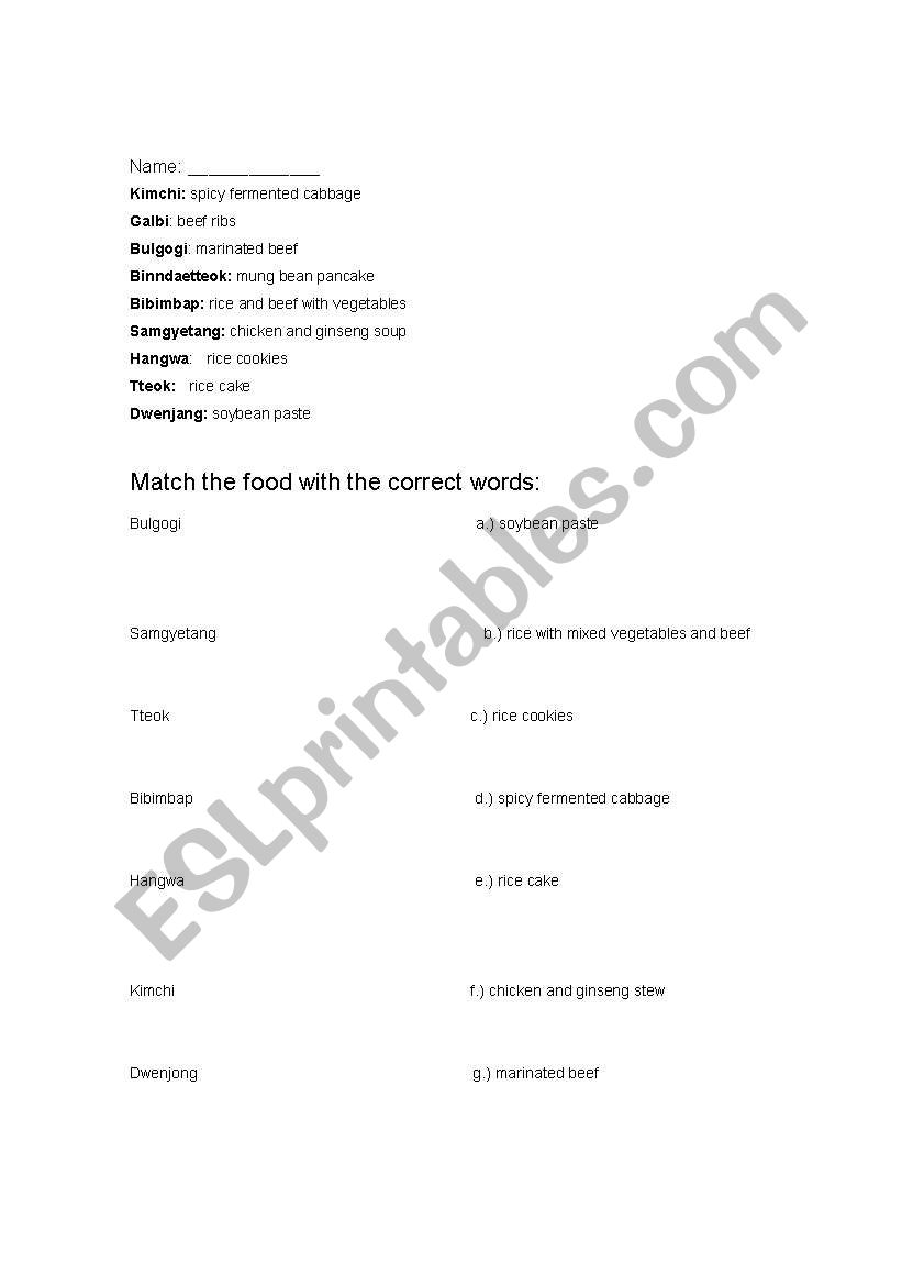 Korean food matching worksheet