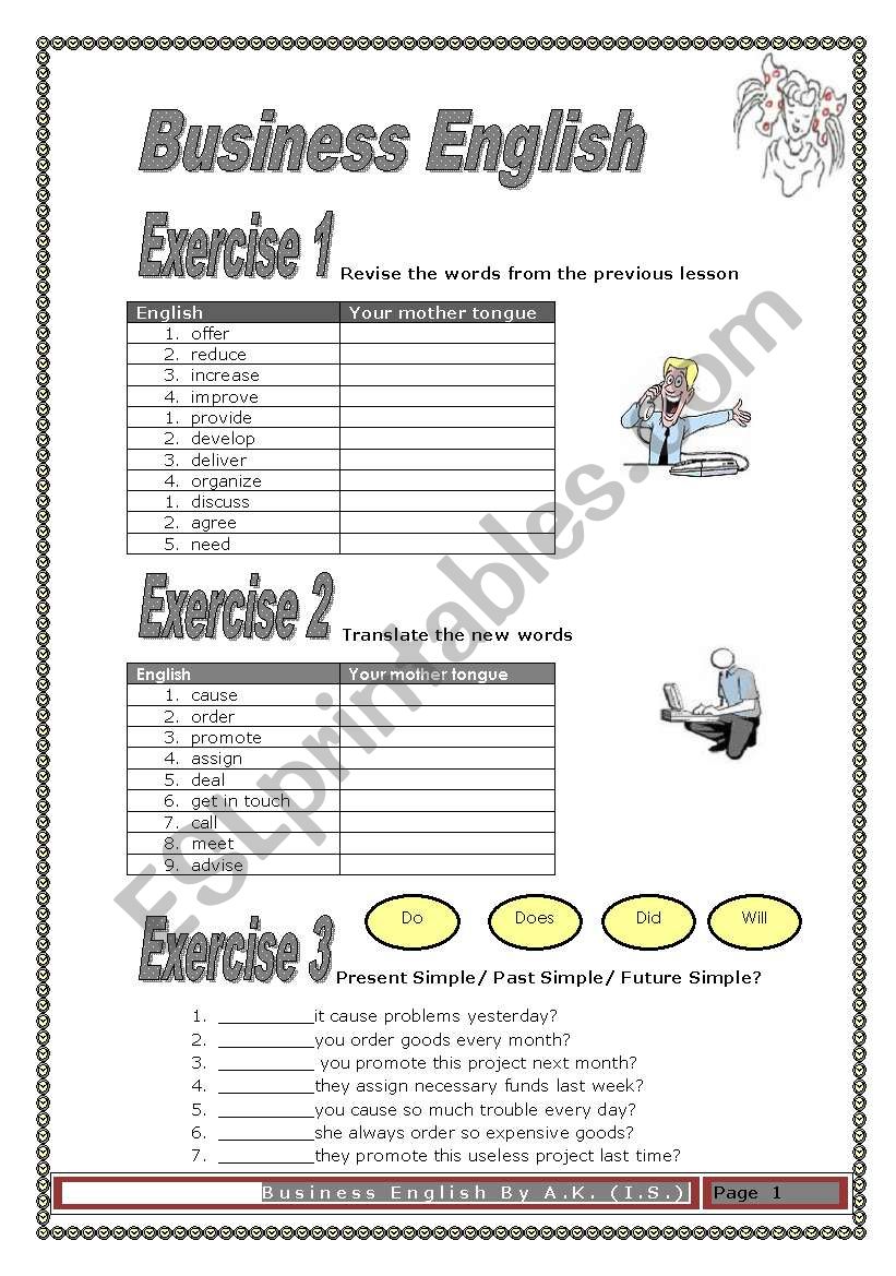 3 pages/2 Vocabulary building tables/7 exercises  70 sentences ESSENTIAL BUSINESS ENGLISH for BEGINNERS