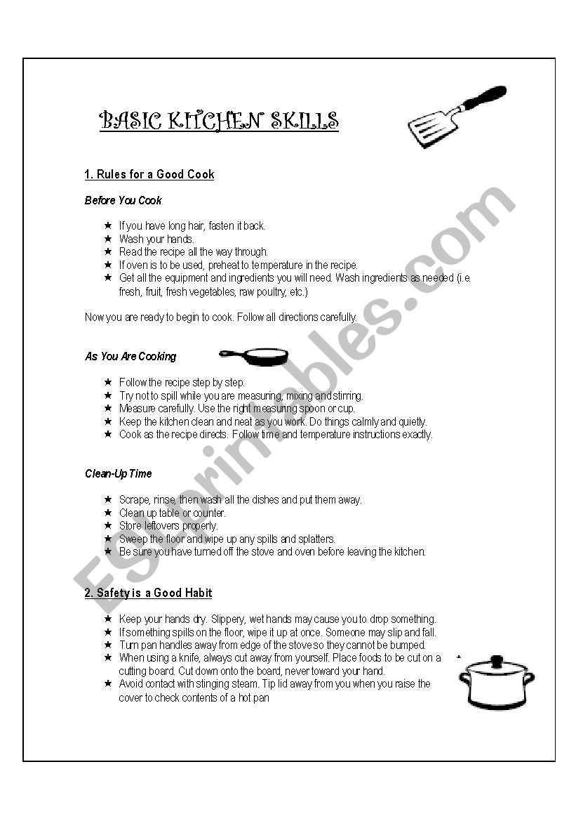 English Worksheets Basic Kitchen Skills Handout
