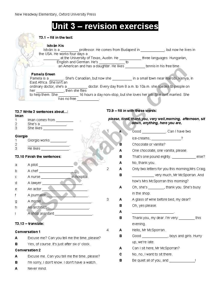 NEW HEADWAY ELEMENTARY, REVISION EXERCISES