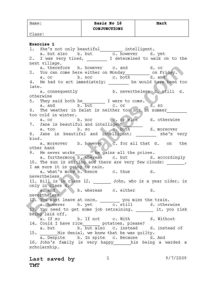 Conjuntion tests(MCQ) worksheet