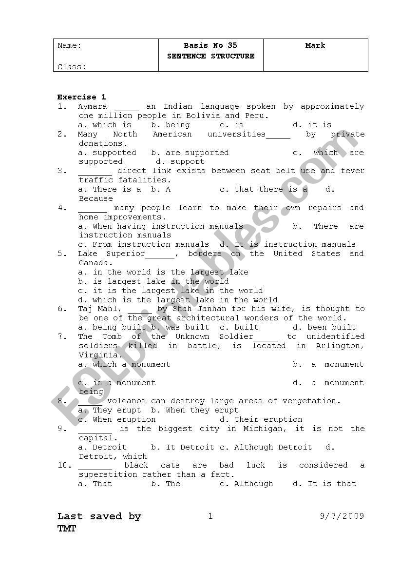 Sentence Structure tests(MCQ) worksheet