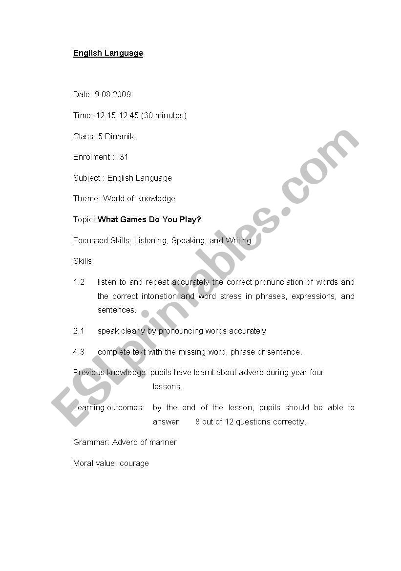 what games do you play worksheet