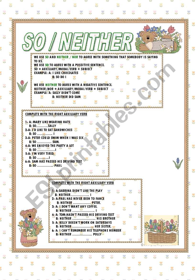 SO / NEITHER worksheet