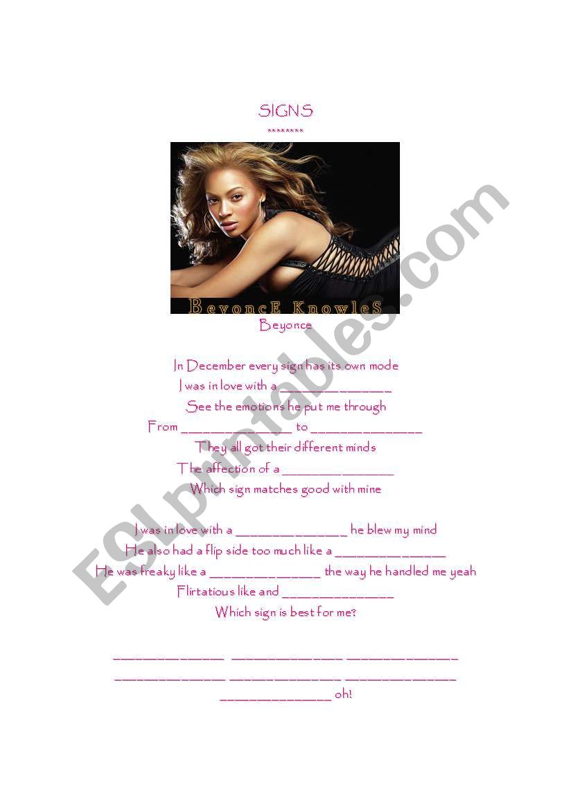 Sign Beyonce worksheet