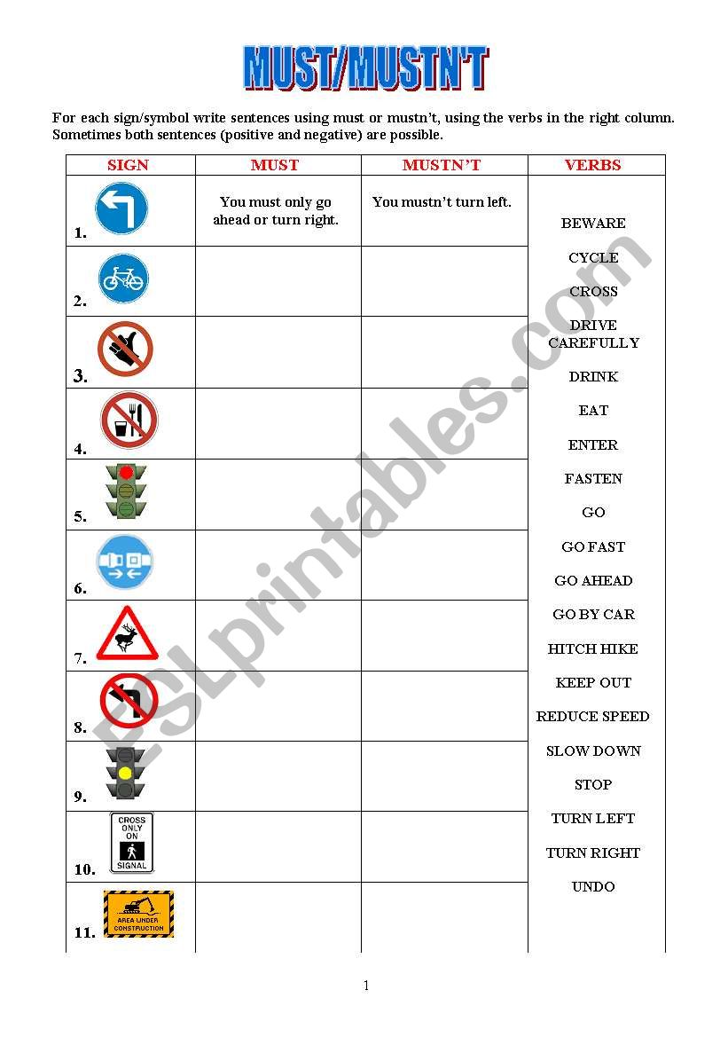 MUST/MUSTNT CHART (4 pages) worksheet