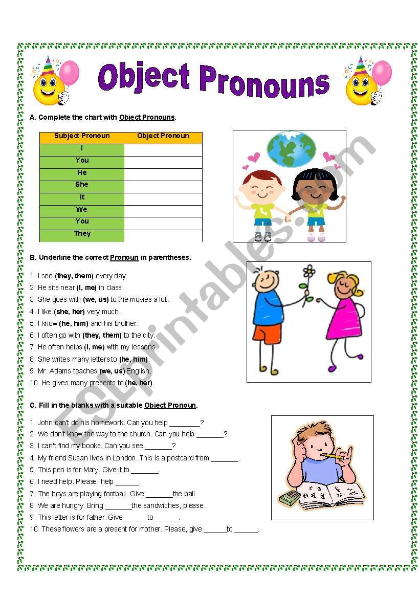 Subject And Object Pronoun Worksheets K5 Learning Subject And Object Pronouns Online Pdf