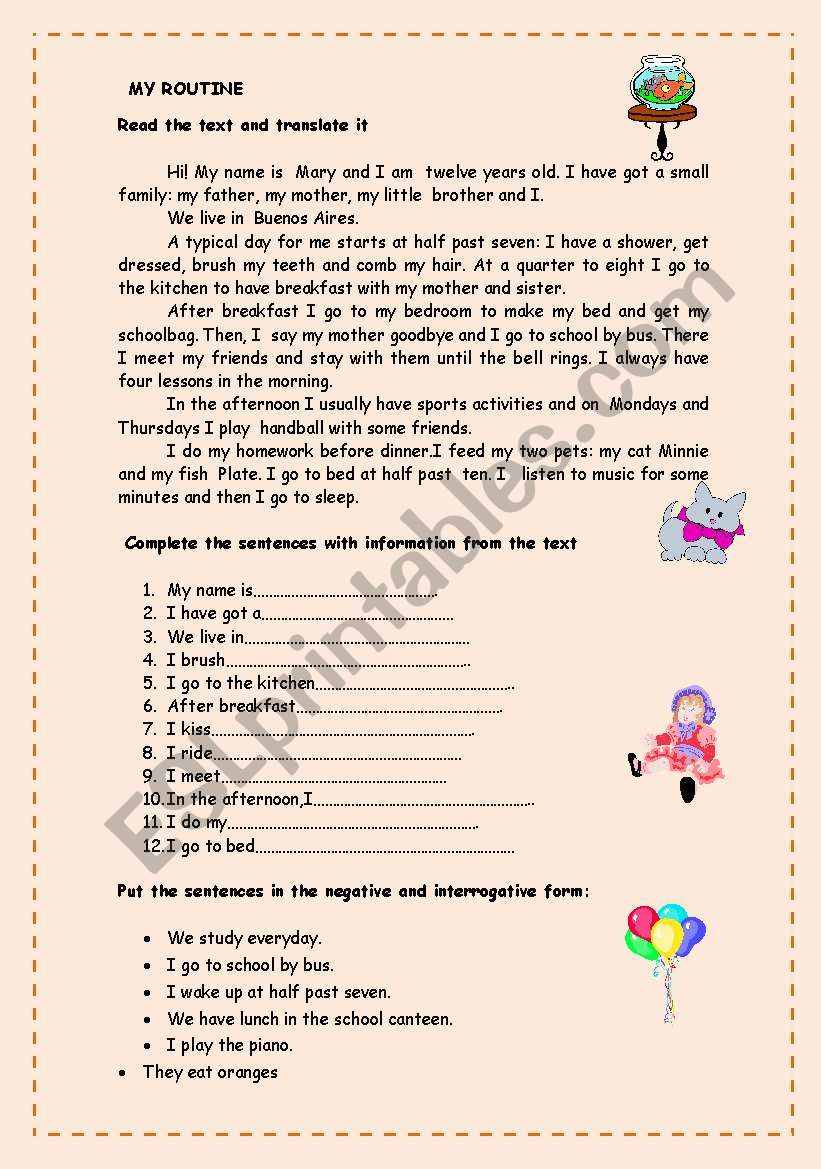 routine worksheet