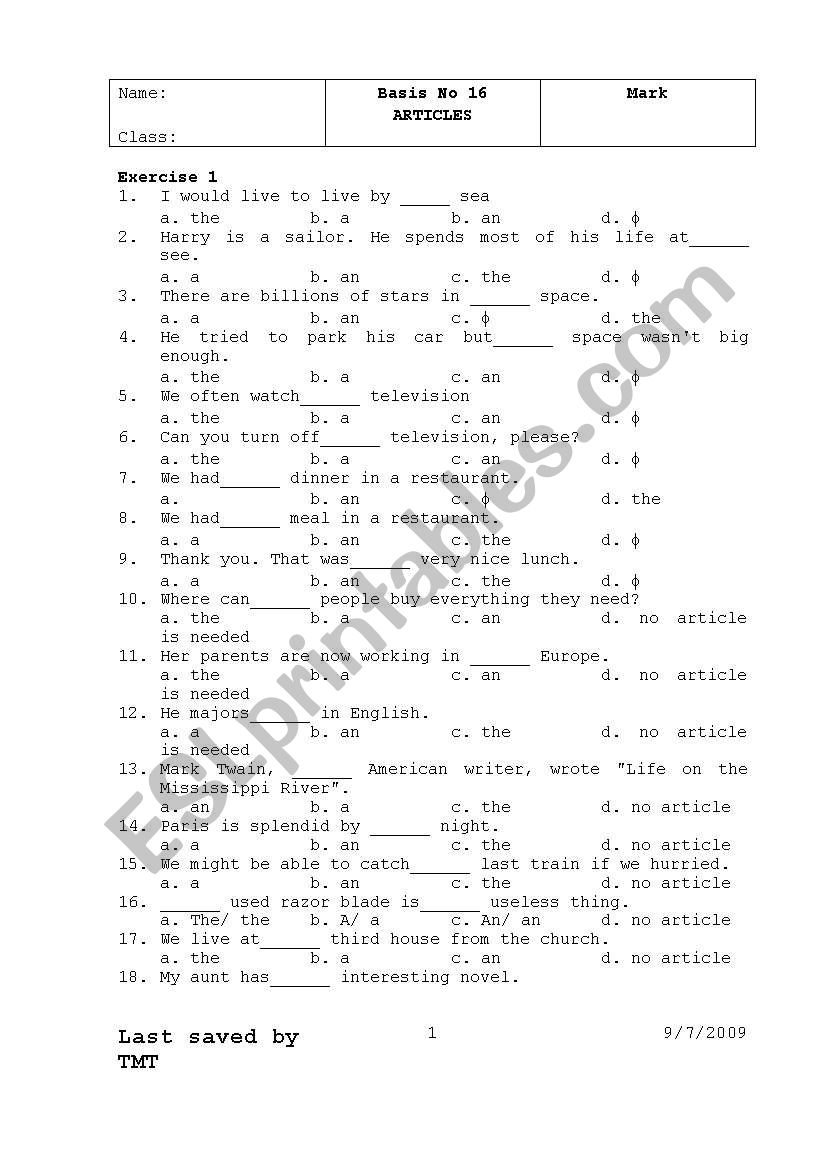 Articles (MCQ) worksheet