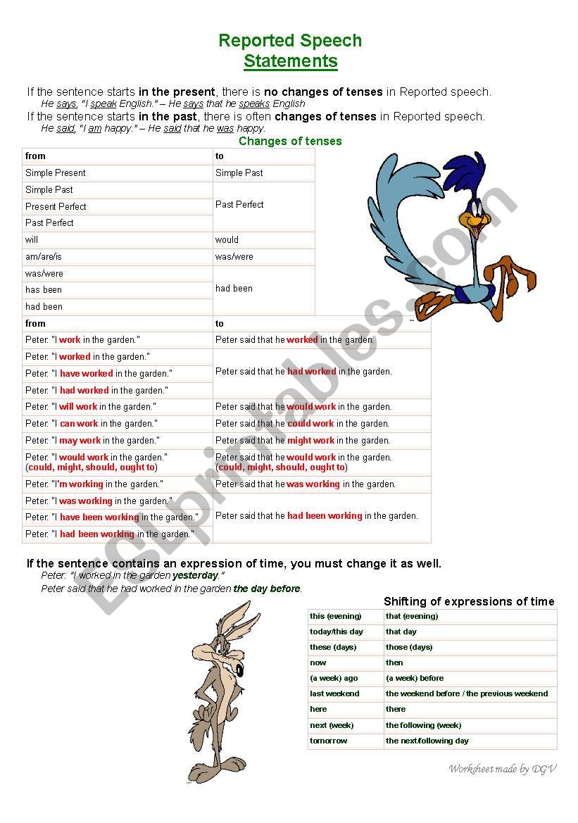 Reported Speech Statements worksheet