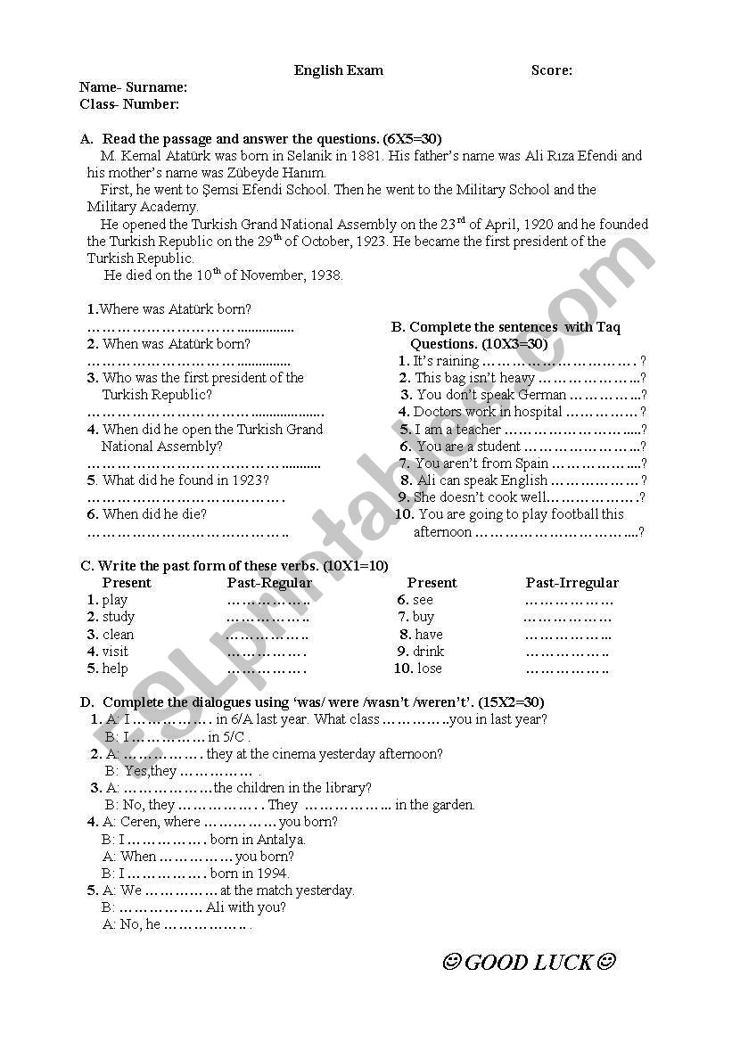 an axam worksheet