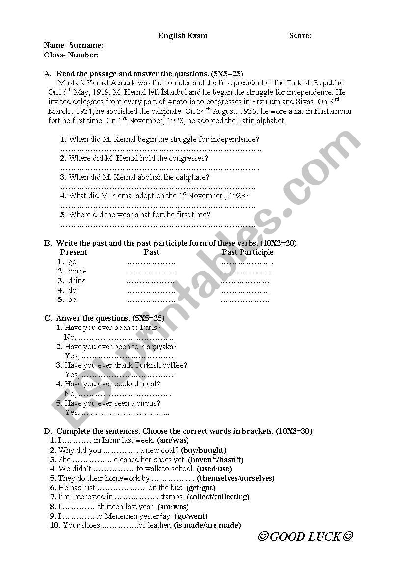 an exam worksheet