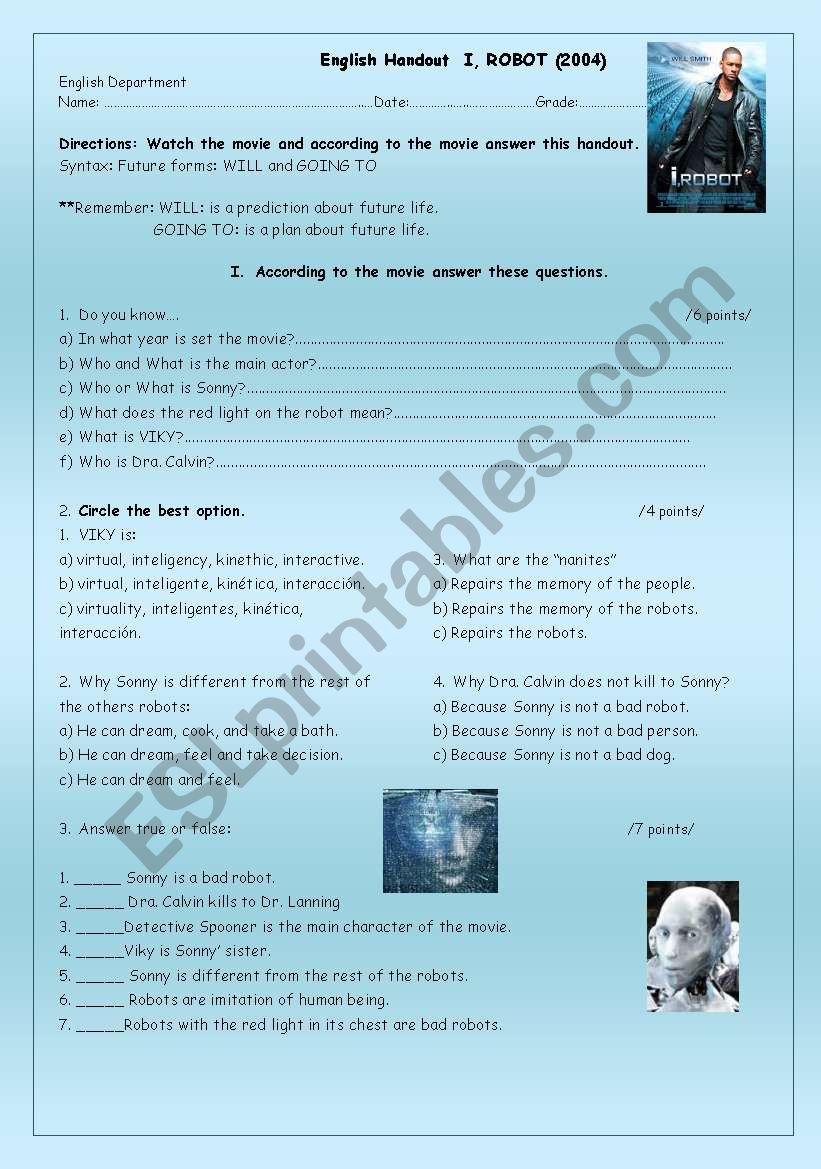 I, ROBOT (the movie) worksheet