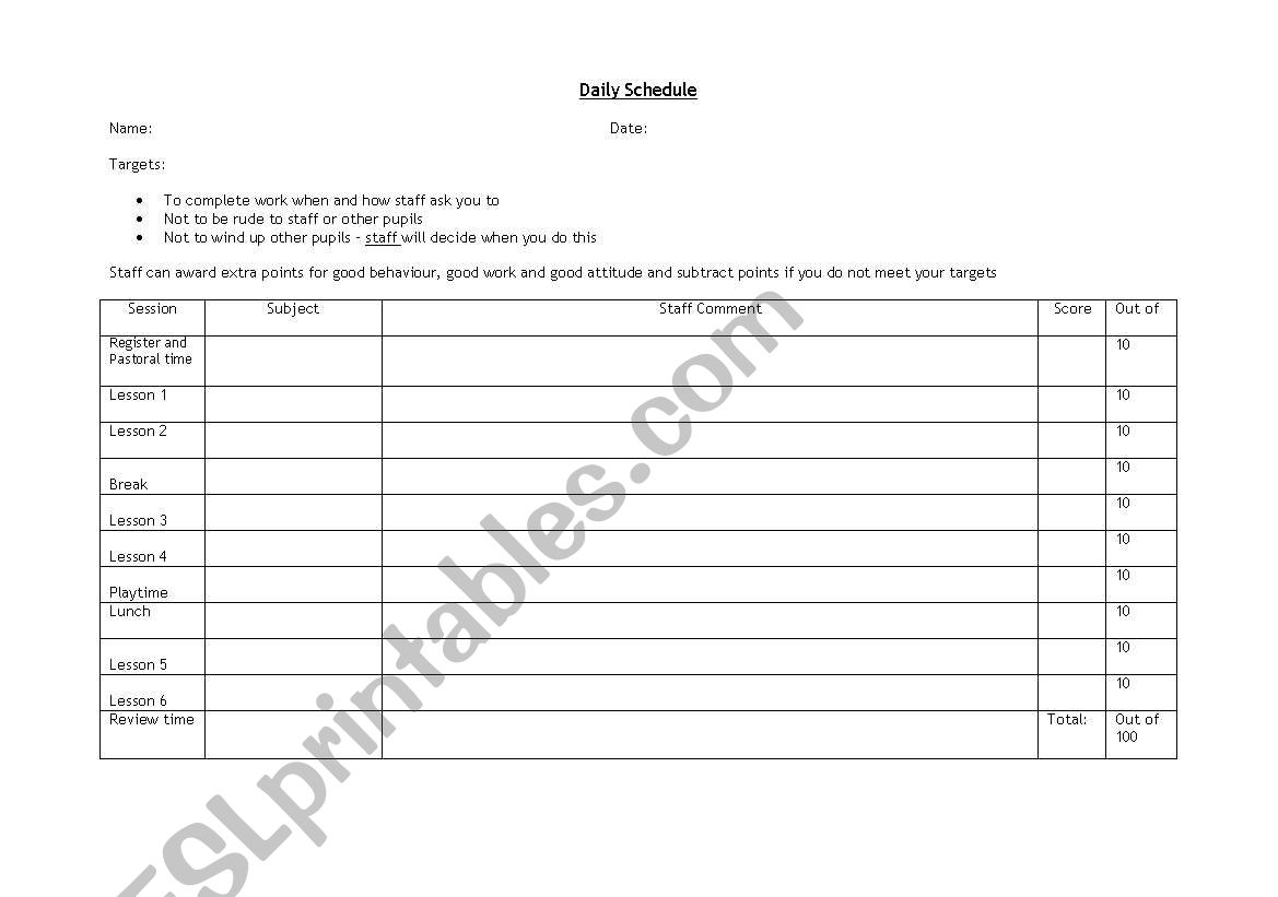 Daily Schedule worksheet