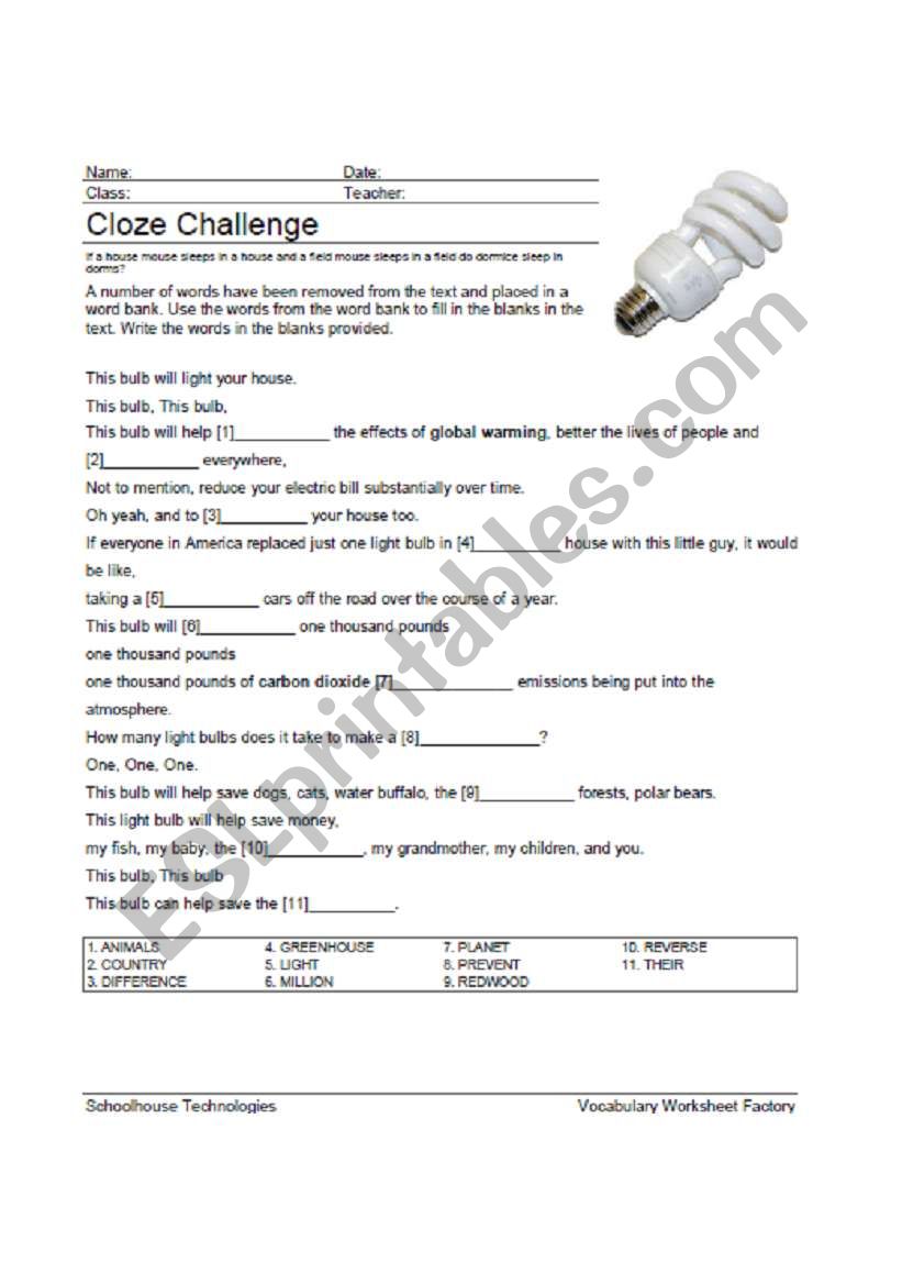 This Bulb - a cloze exercise worksheet