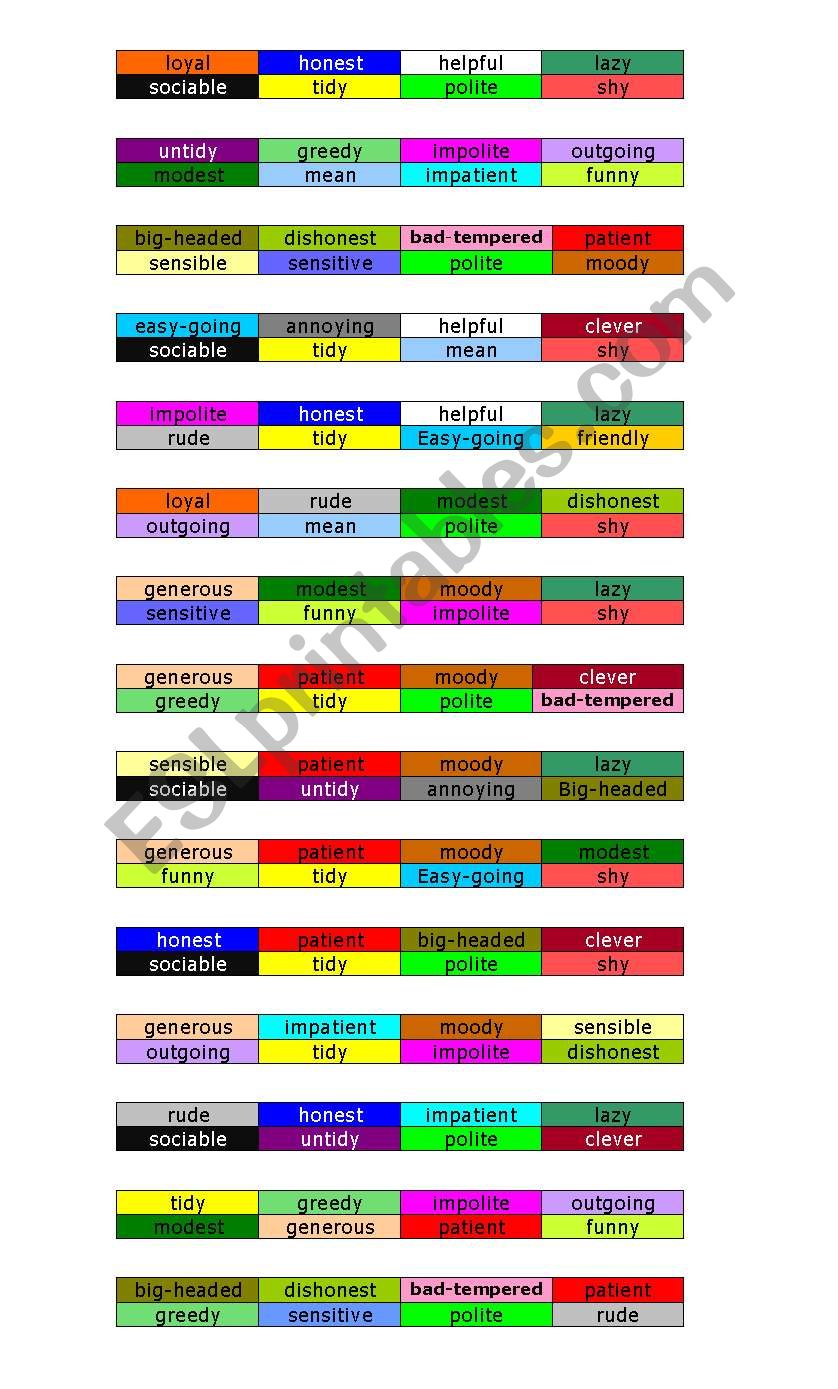 BINGO personality adjectives worksheet