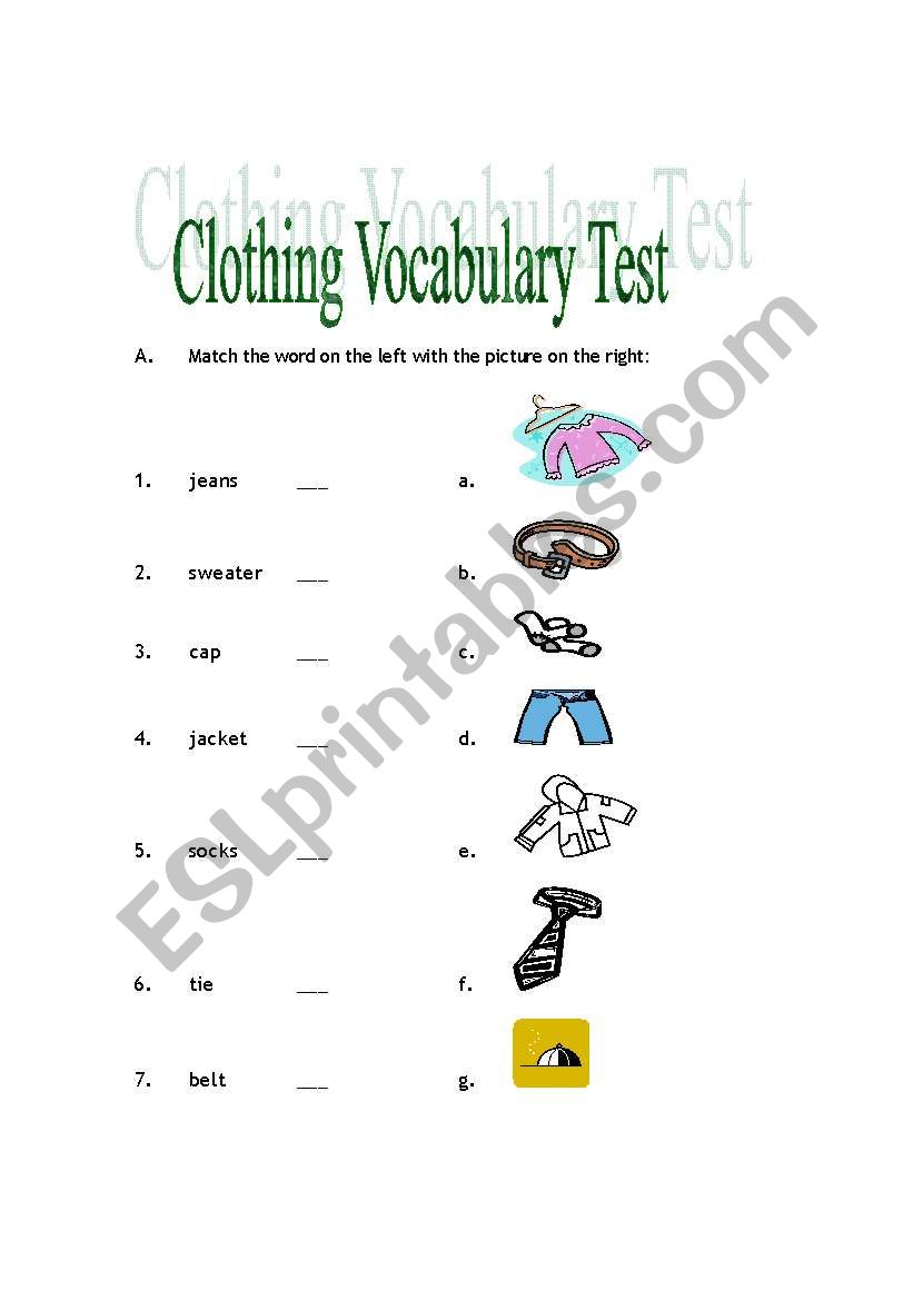 Clothing Test worksheet