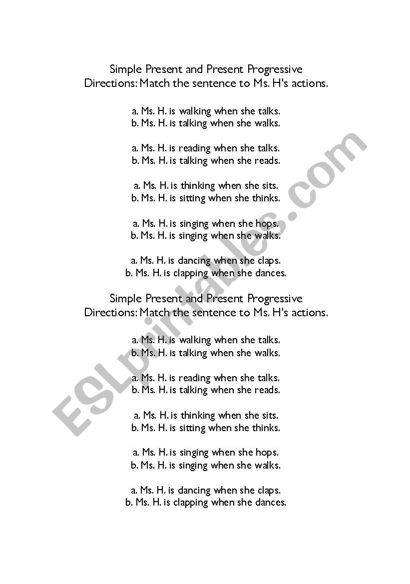 Present Progressive Tense Test: Match the Sentence to the Teachers Action