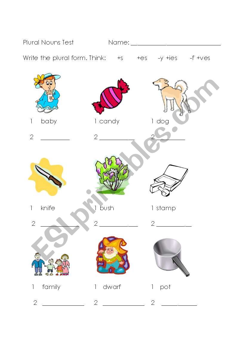 Plural Nouns Picture Test worksheet