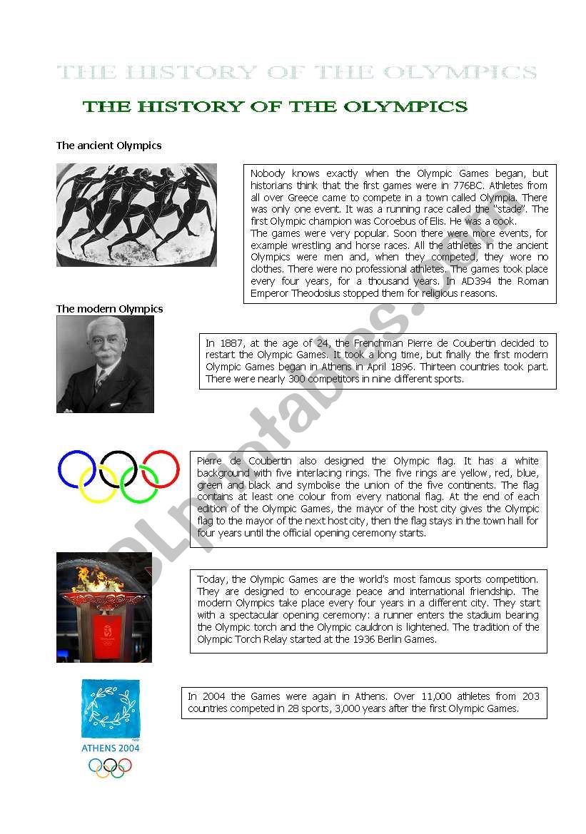 the history of the olympics reading comprehension esl worksheet by chiaras