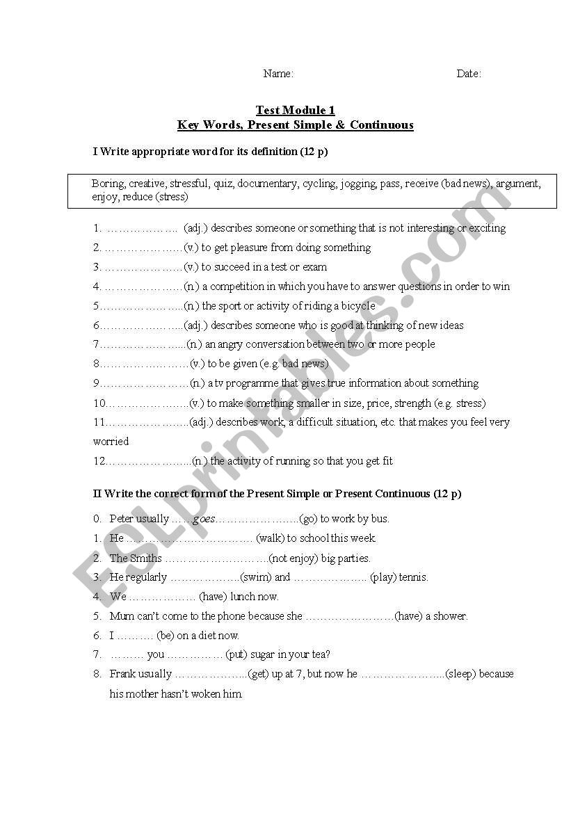 Test on Present Simple and Present Continuous