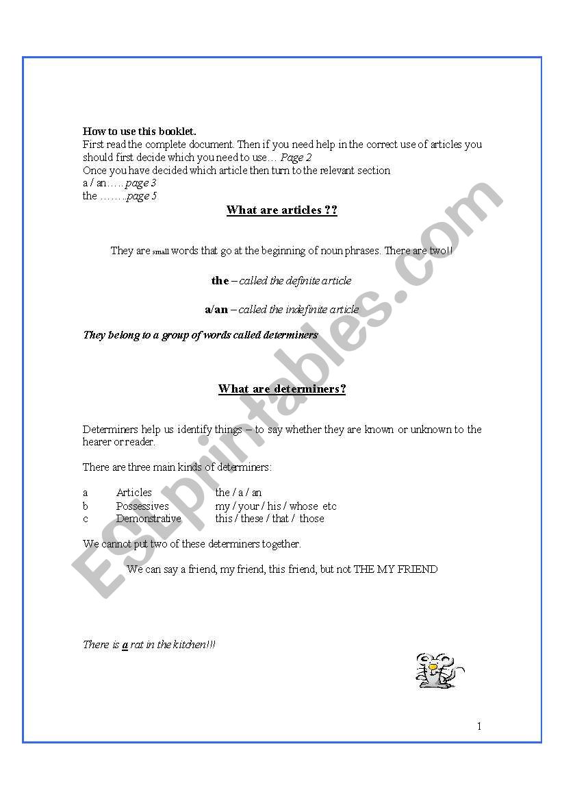 Articles  worksheet