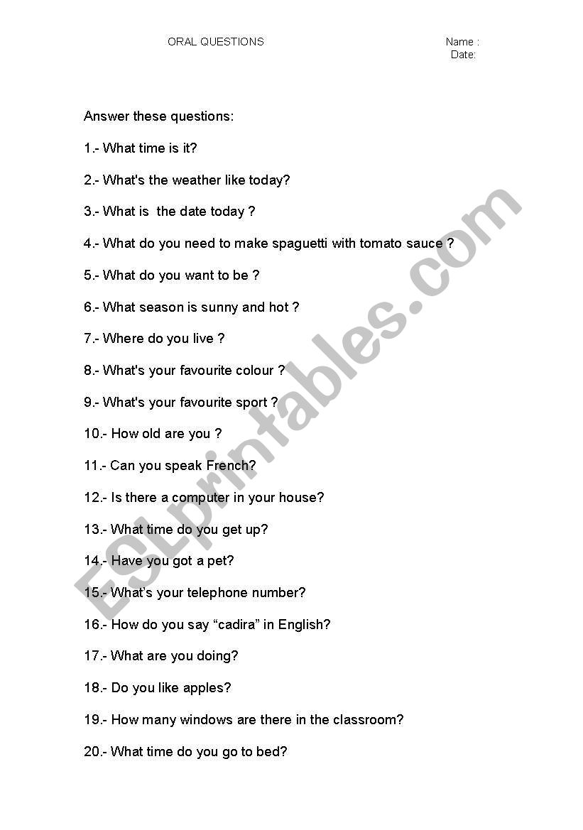 PRACTICE ORAL QUESTIONS worksheet