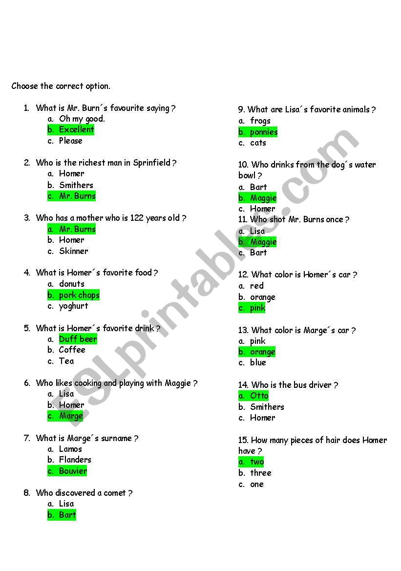 The Simpsons Multiple choice 30 questions ANSWER