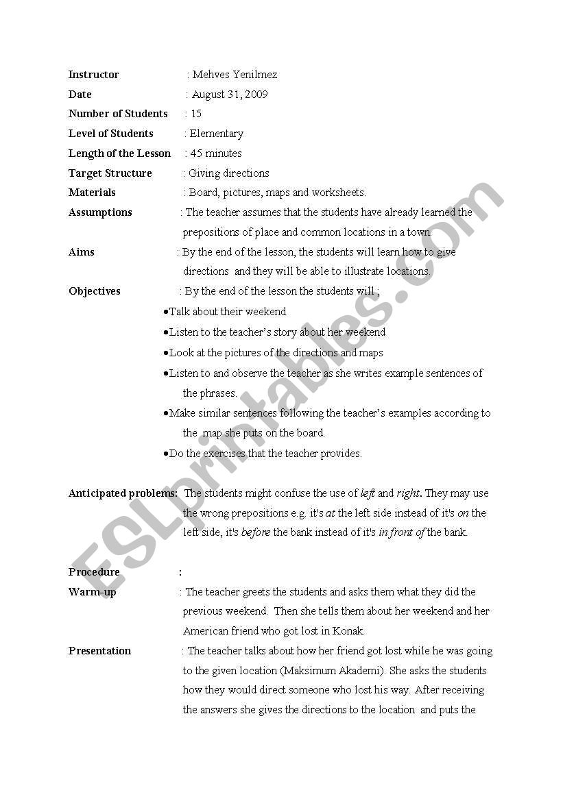Giving Directions worksheet