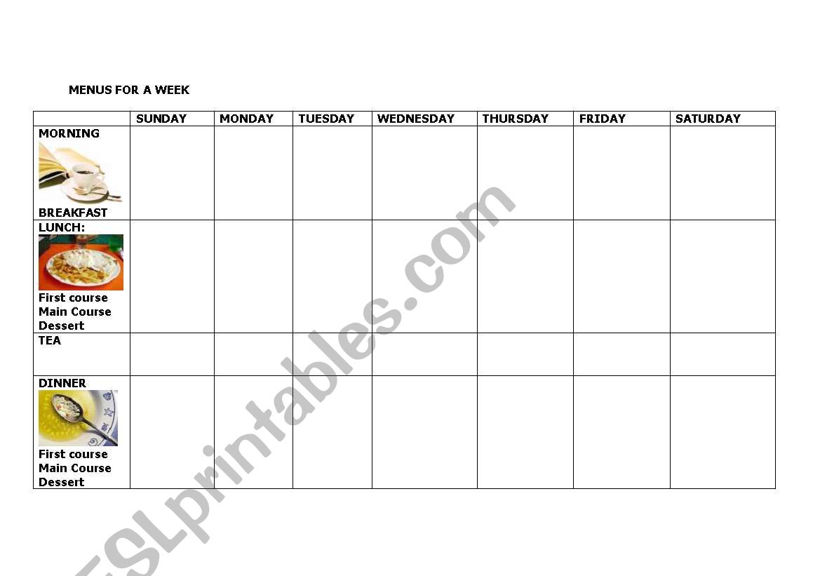 MENUS FOR A WEEK worksheet