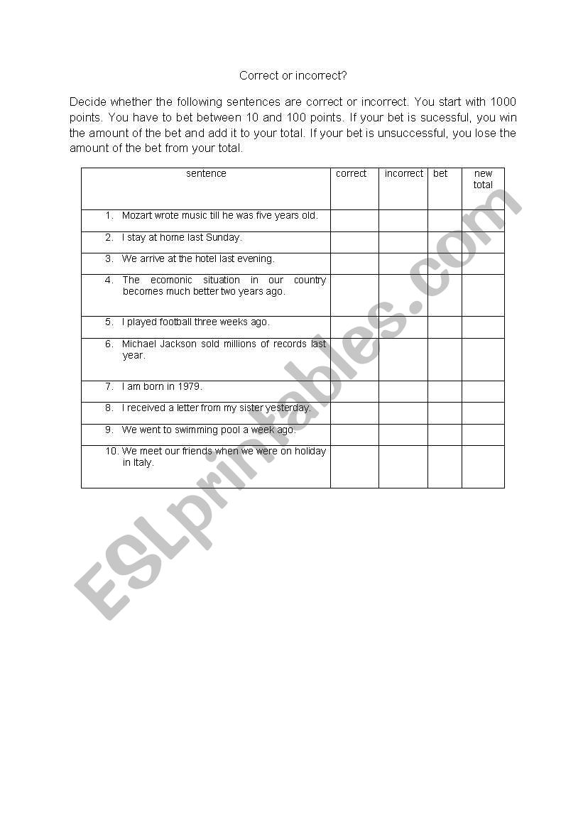 Past Simle Error Correction worksheet