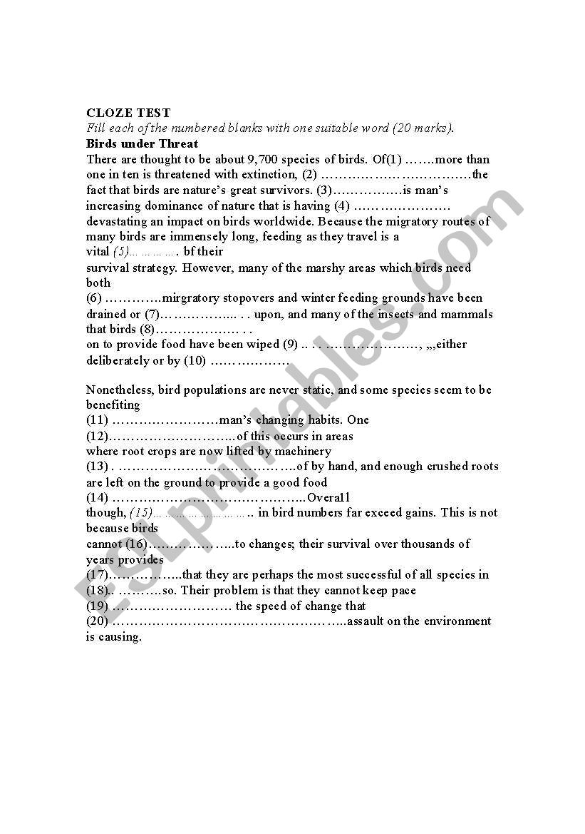 close test proficiency worksheet