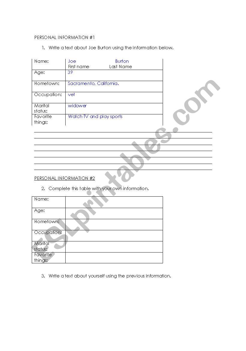 Personal information worksheet