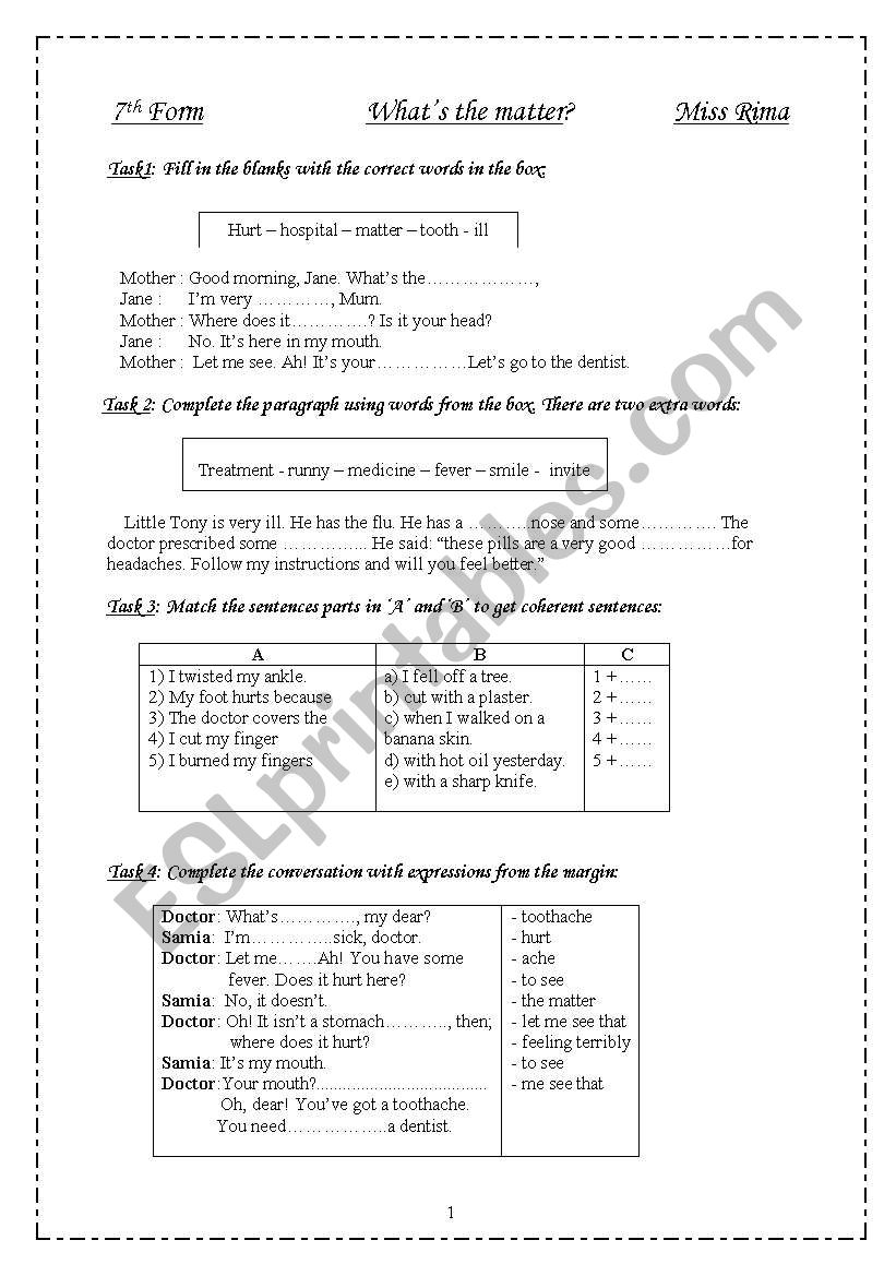 Health and Illnesses worksheet