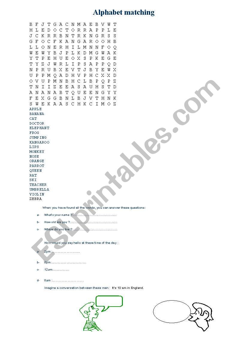 Alphabet matching wordsearch worksheet