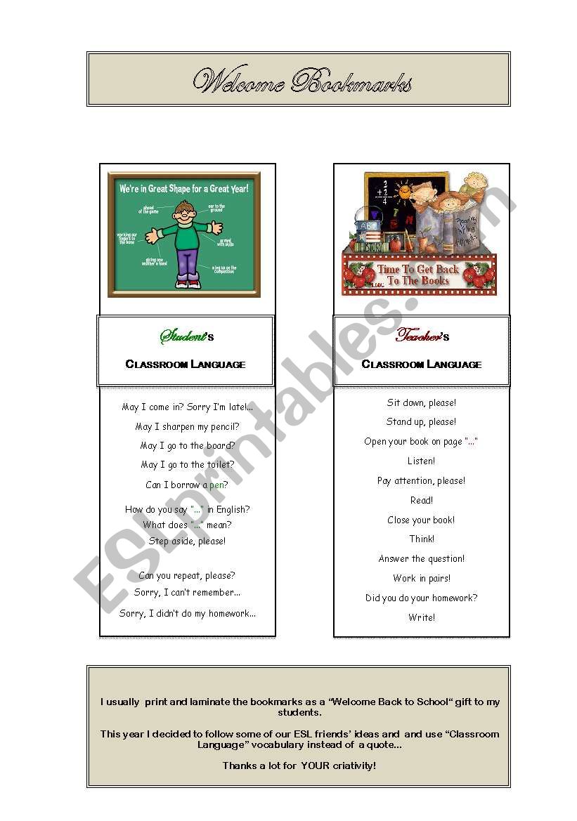 Welcome Bookmarks worksheet