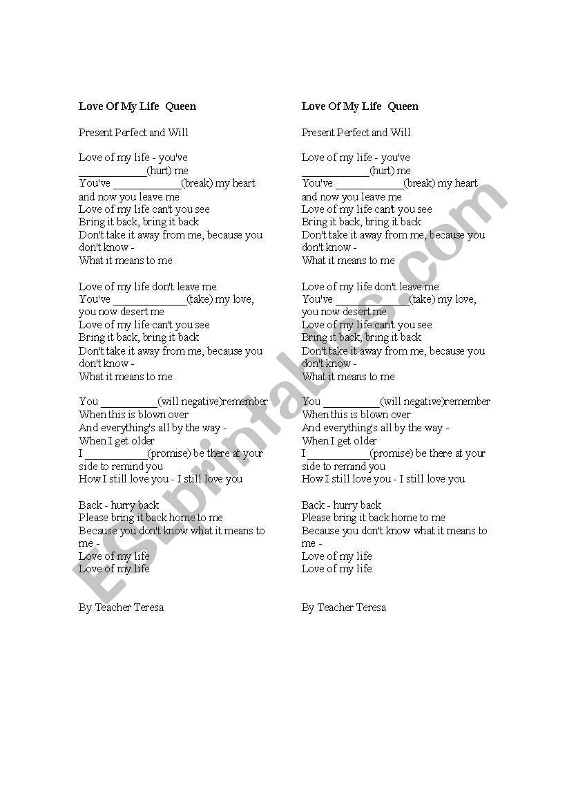 Love of My Life Song worksheet
