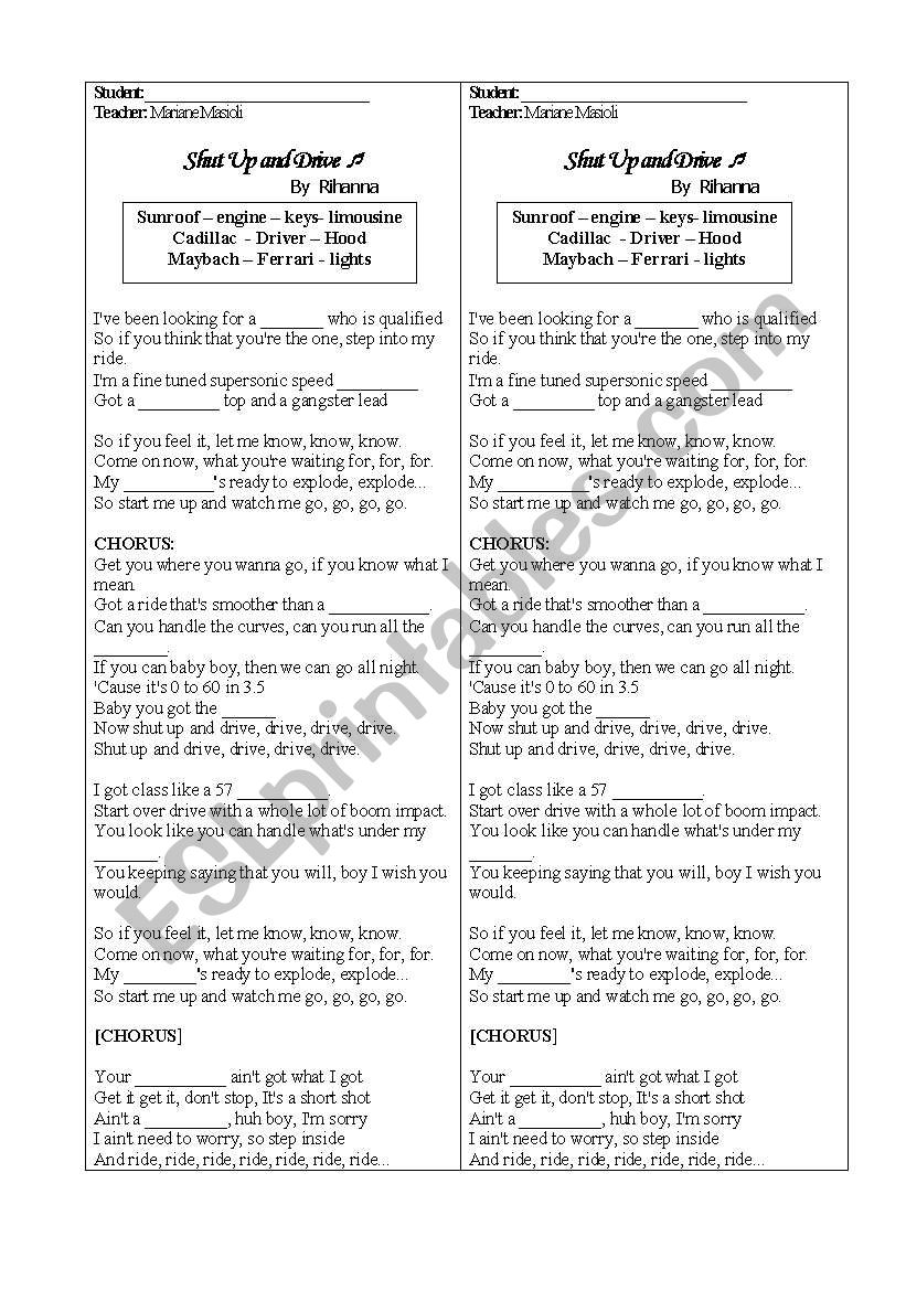 Car parts - RihannaÂ´s song worksheet