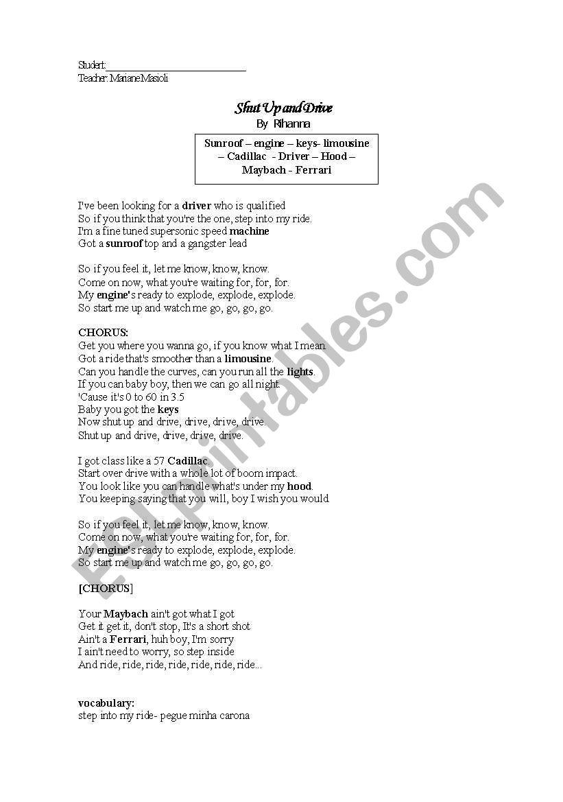Rihannas song - answer key worksheet