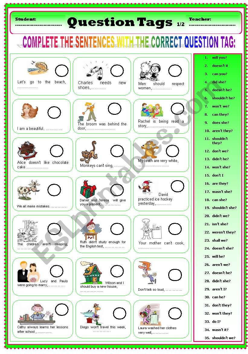 QUESTION TAGS - ESL worksheet by welch