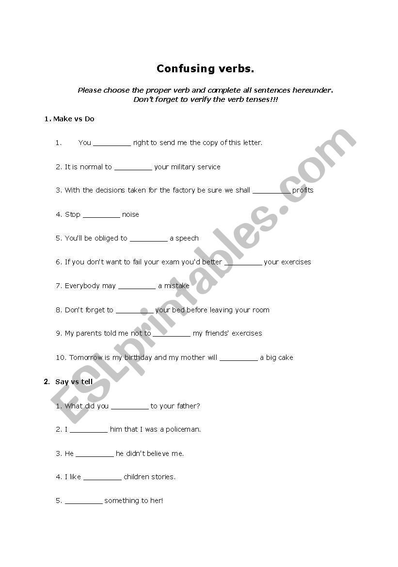 Make vs Do  confusing verbs worksheet