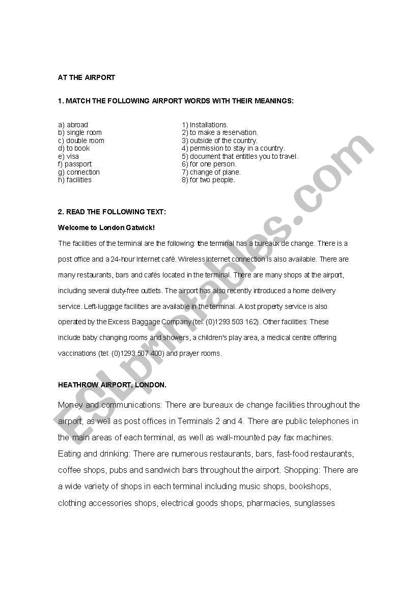 At the airport worksheet