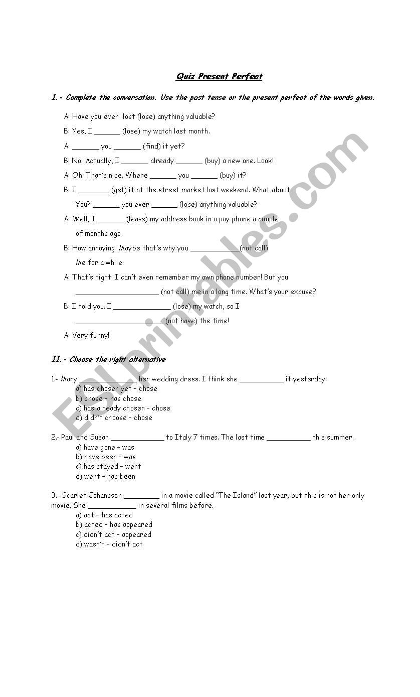 Quiz Present Perfect worksheet