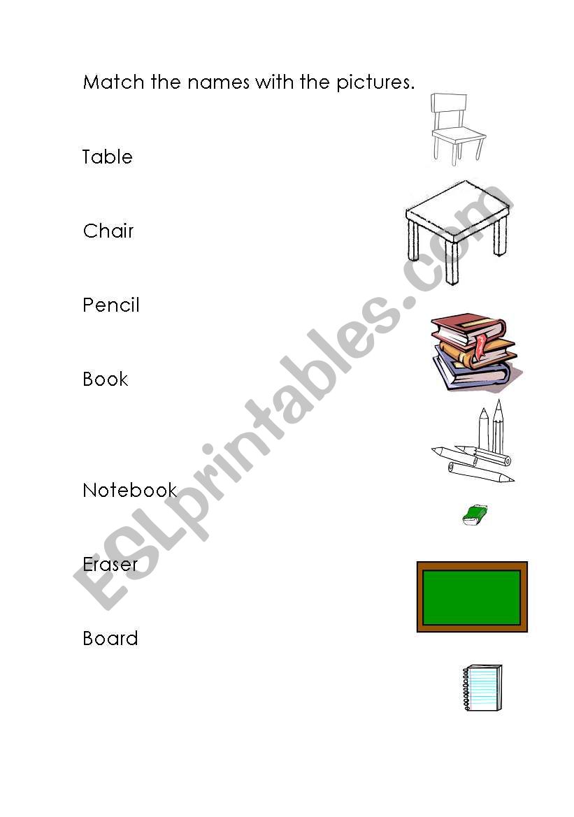 match - school supplies worksheet