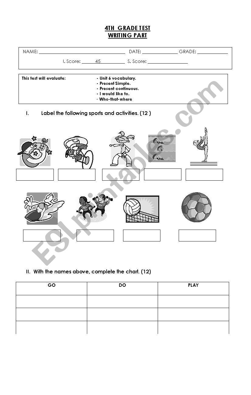 Test on activities, present simple and present continuous, would like to.