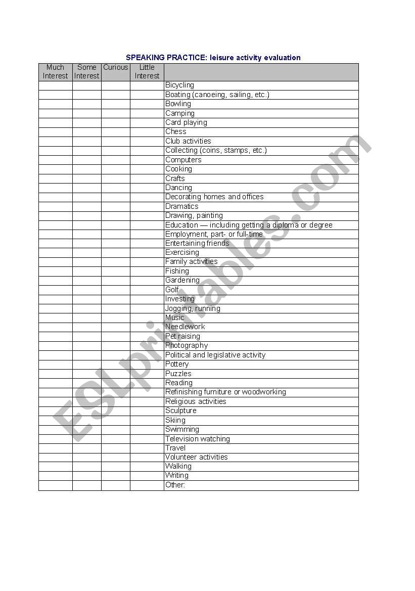 Leisure evaluation activity worksheet