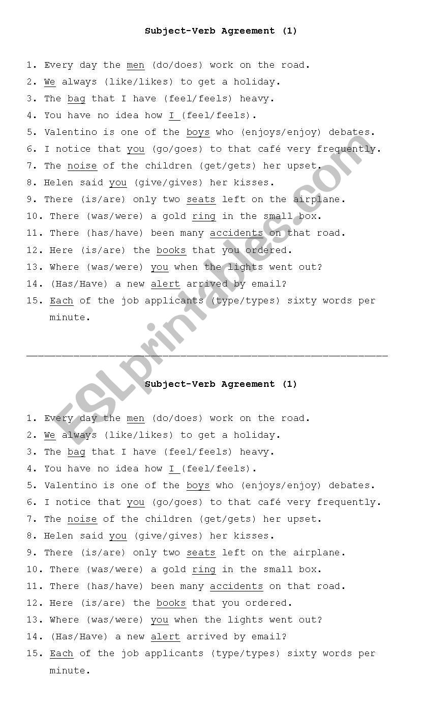 Subject Verb Agreement worksheet