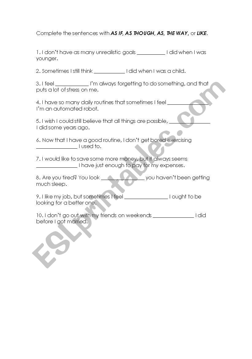 Clauses of Manner worksheet