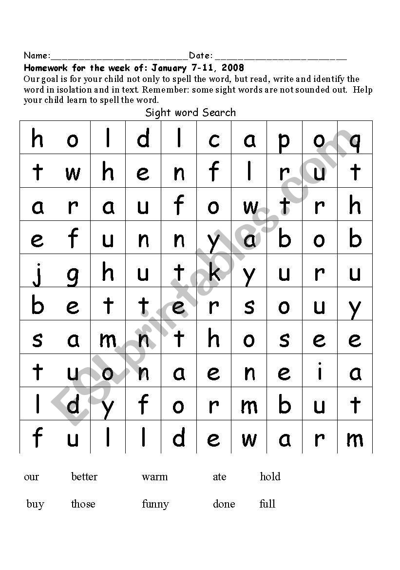 sight word word search worksheet