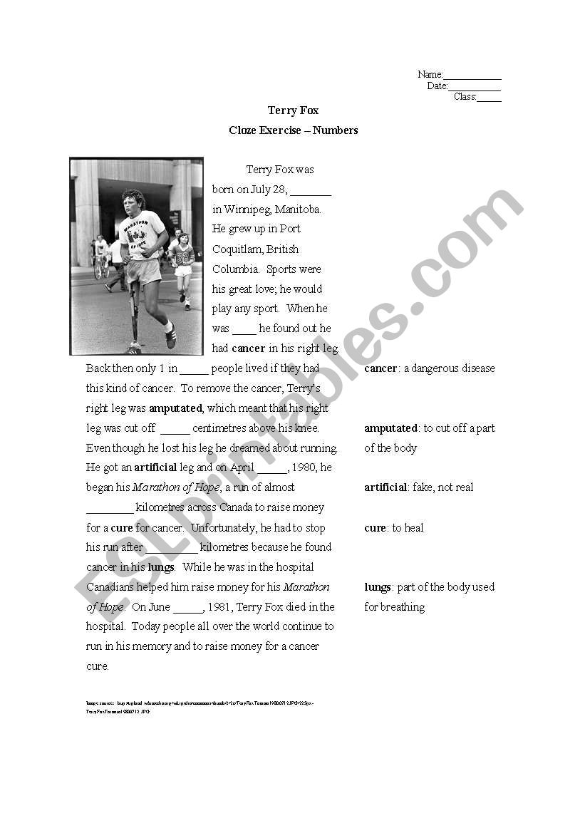 Terry Fox Cloze Exercise worksheet